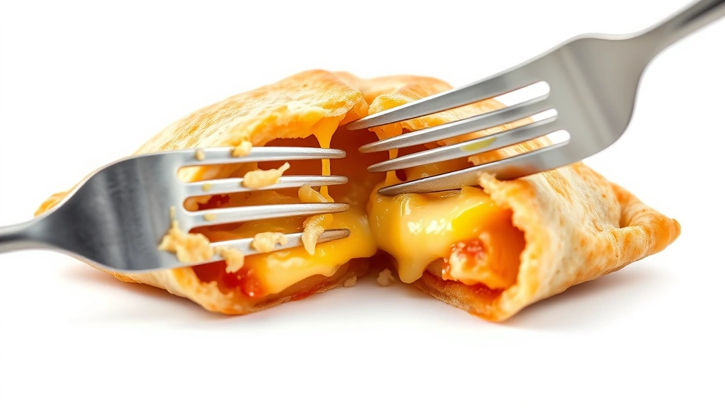 how long to microwave a hot pocket -
Photorealistic close-up macro photograph of a hot pocket being cut open with a 