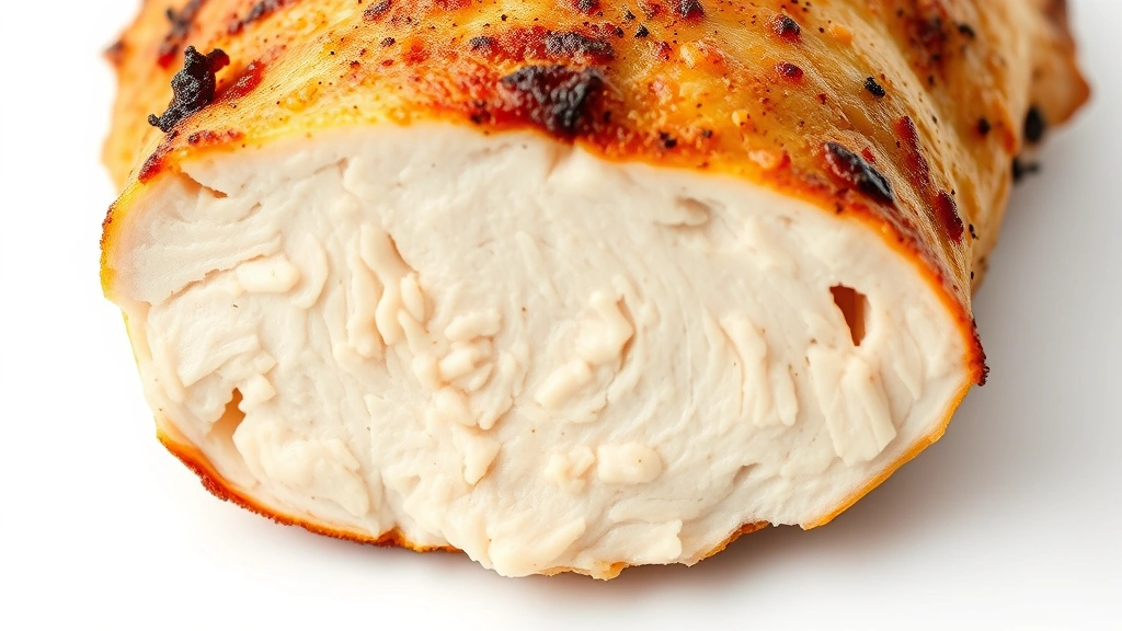 how long to pressure cook chicken -
photorealistic close-up macro shot of perfectly cooked chicken breast cross-sec