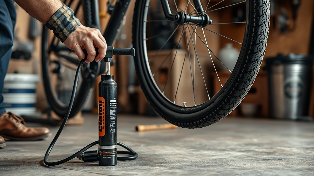 how long to pump for -
photorealistic hands working with a floor pump inflating a bicycle tire in a ho