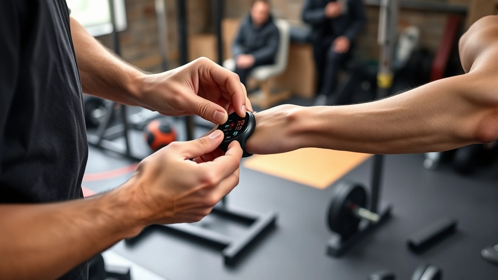 how long to rest between sets -
Photorealistic hands working showing a trainer checking heart rate on an athlet