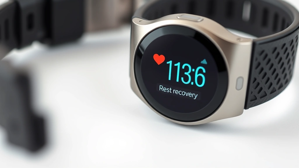 how long to rest between sets -
Photorealistic close-up macro photography of a fitness tracker display showing 