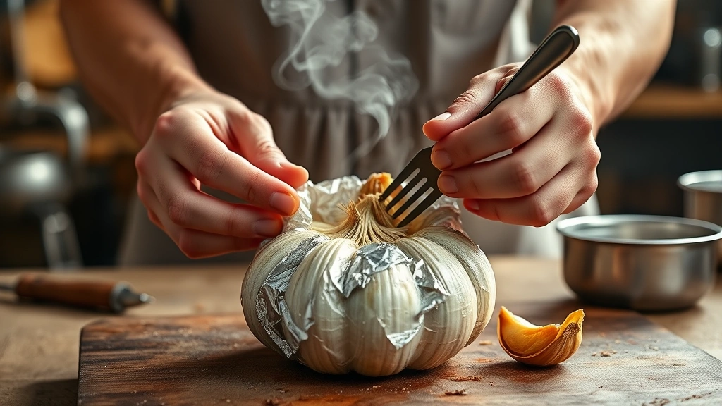 how long to roast garlic -
Photorealistic hands carefully unwrapping foil from roasted garlic bulb in a wo