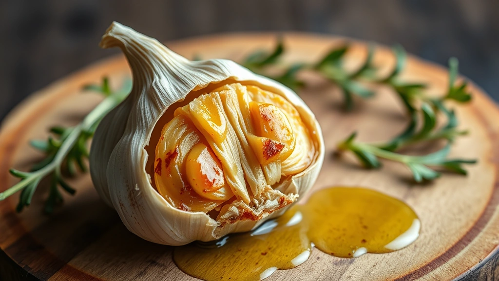 how long to roast garlic -
Photorealistic finished roasted garlic head cut-side up on rustic wooden board,