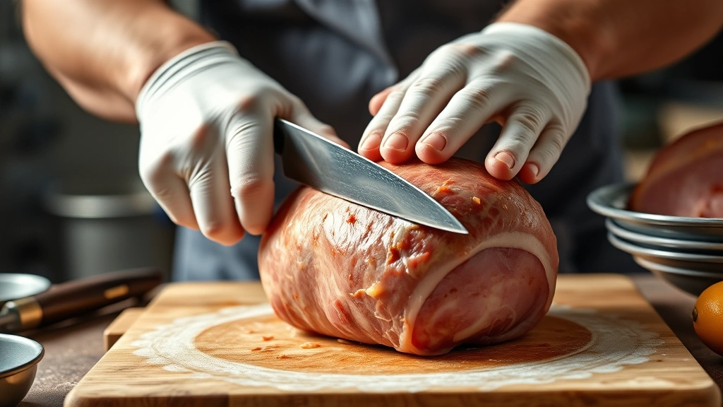 how long to smoke a ham -
Photorealistic hands scoring ham fat cap with sharp knife in crosshatch pattern