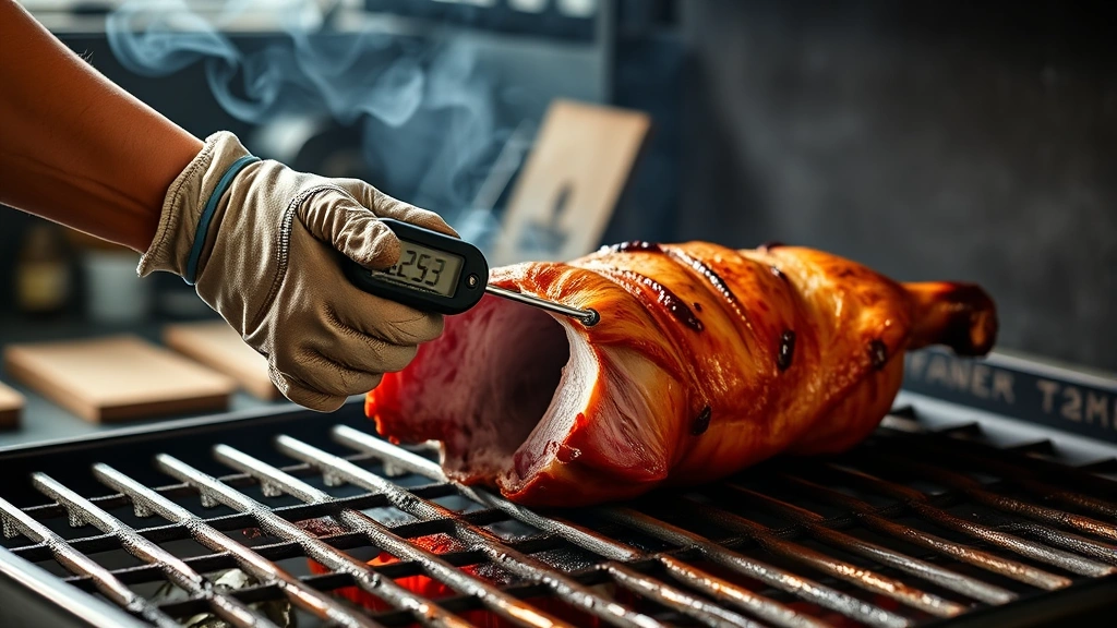 how long to smoke a pork butt -
photorealistic hands using meat thermometer to check internal temperature of po