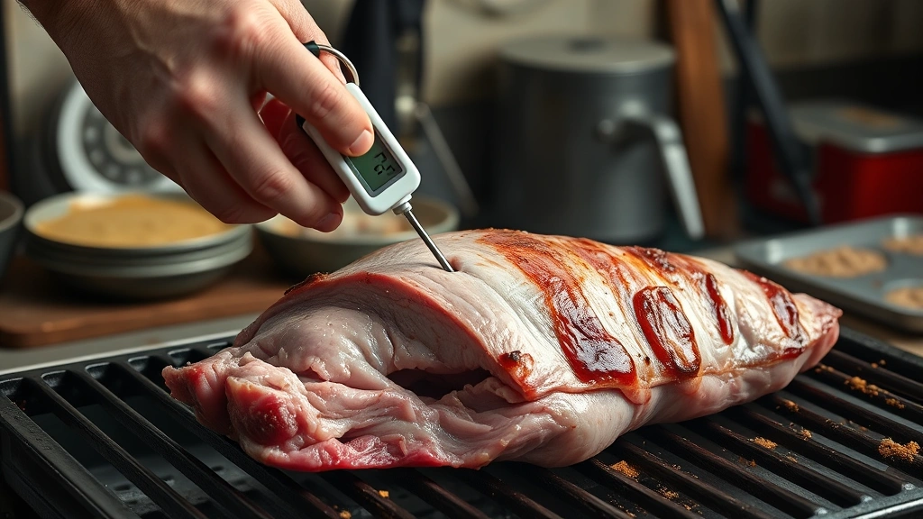 how long to smoke a pork loin -
photorealistic hands inserting meat thermometer probe into center of raw pork l