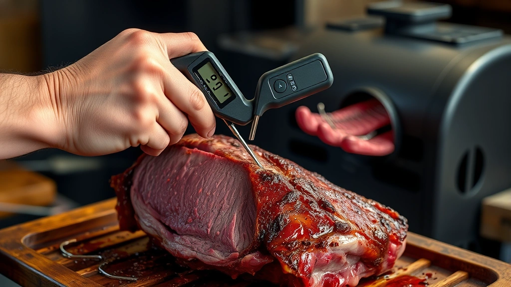 how long to smoke brisket at 225 -
Photorealistic hands using instant-read meat thermometer to probe thick brisket