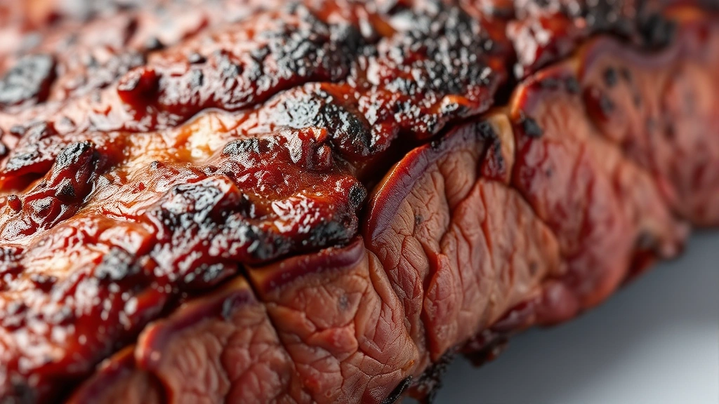 how long to smoke brisket at 225 -
Photorealistic close-up macro photography of brisket bark texture showing caram