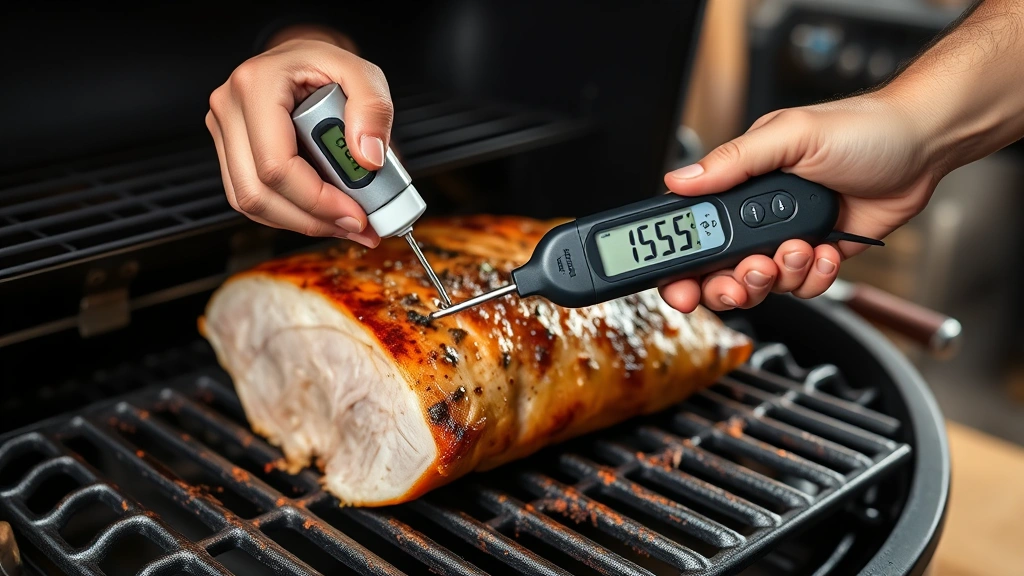 how long to smoke pork tenderloin -
photorealistic hands using instant-read meat thermometer inserted into center o
