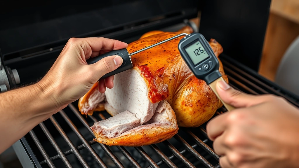 how long to smoke turkey breast -
Photorealistic hands using a digital meat thermometer inserted into the thickes