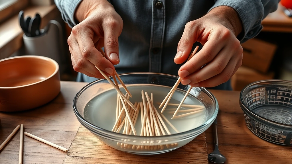 how long to soak toothpick -
photorealistic hands working showing someone soaking wooden toothpicks in a sha