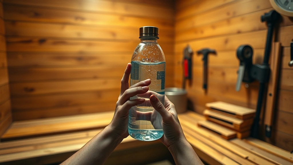 how long to stay in sauna -
photorealistic hands holding water bottle in sauna room, person hydrating befor