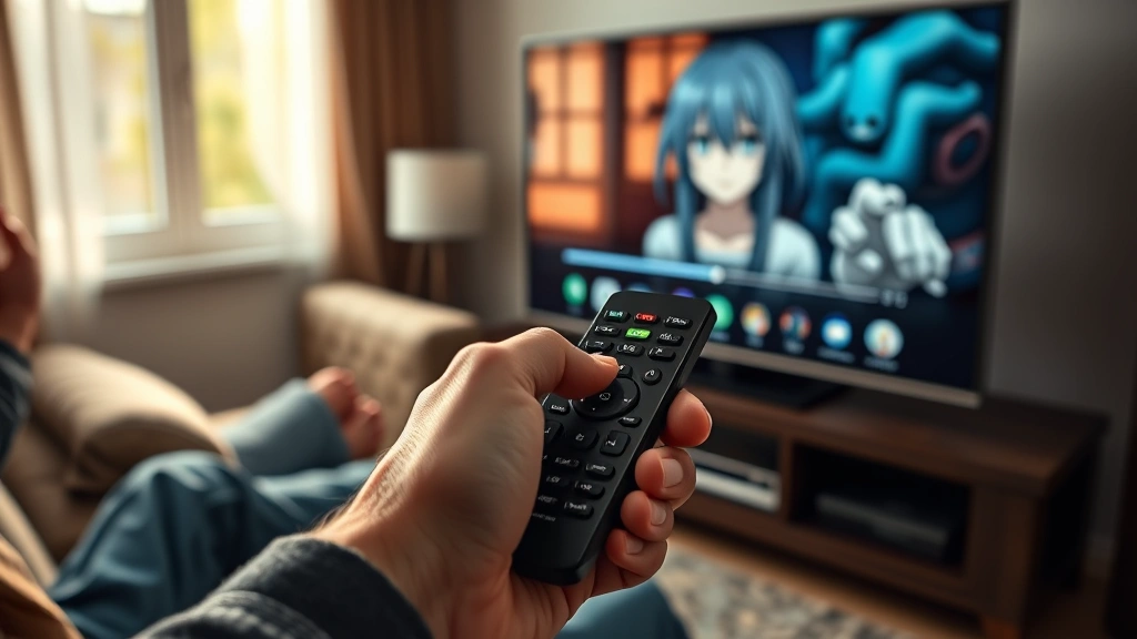 how long would it take to watch one piece -
Photorealistic close-up of hands holding a TV remote control while pausing an a