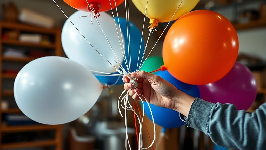 how many balloons to fly in peak -
Photorealistic hands working carefully tying multiple helium balloons together 