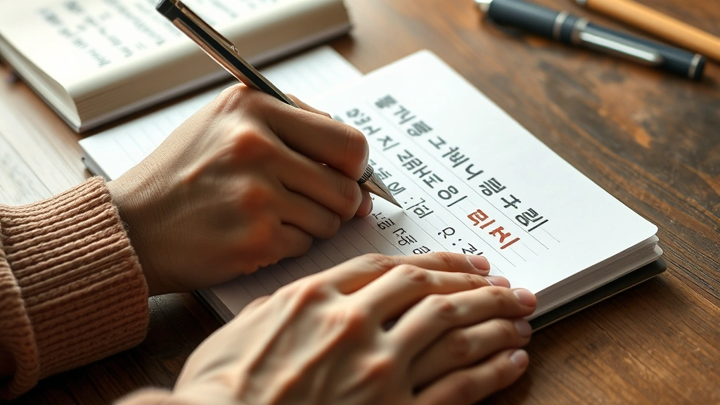 how many months to become fluent in korean -
Photorealistic hands actively writing Korean characters in Hangul on lined pape