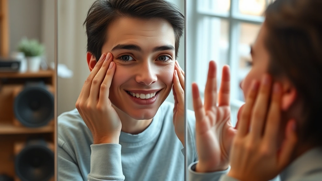 how many muscles does it take to smile -
photorealistic hands of a person practicing facial expressions in a mirror, wor