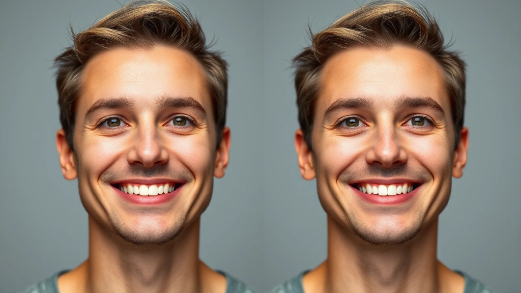 how many muscles does it take to smile -
photorealistic side-by-side comparison showing genuine smile versus neutral exp