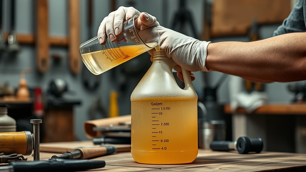 how many quarts to a gallon -
photorealistic hands working in a workshop pouring liquid from a measuring cont