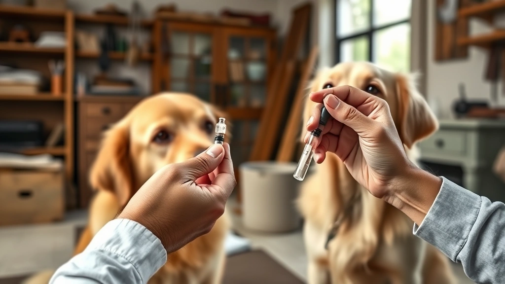 how much benadryl to give a dog -
Photorealistic hands of a dog owner carefully measuring liquid Benadryl into a 
