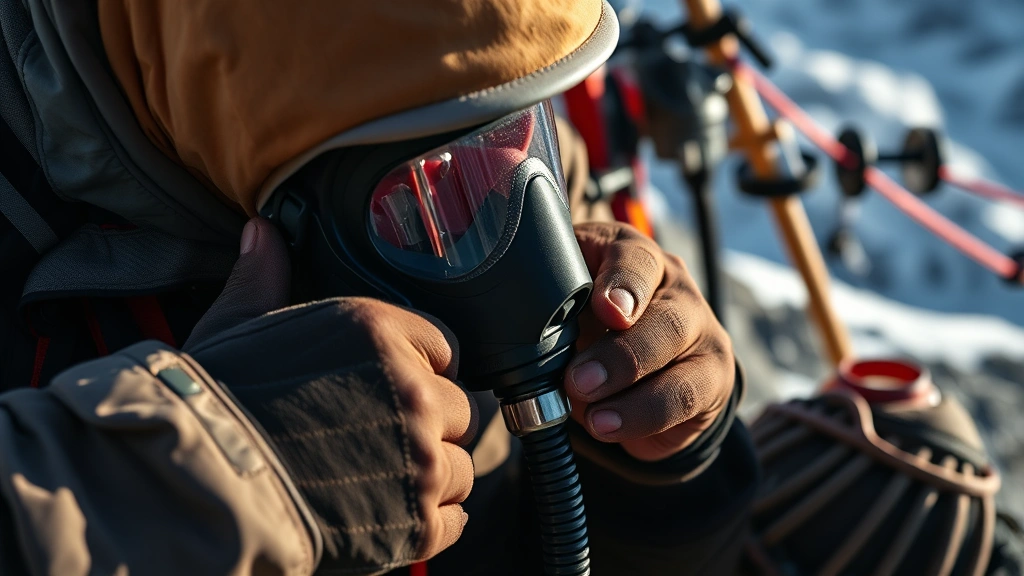 how much does it cost to climb mount everest -
Photorealistic hands of climber adjusting oxygen mask and checking equipment at