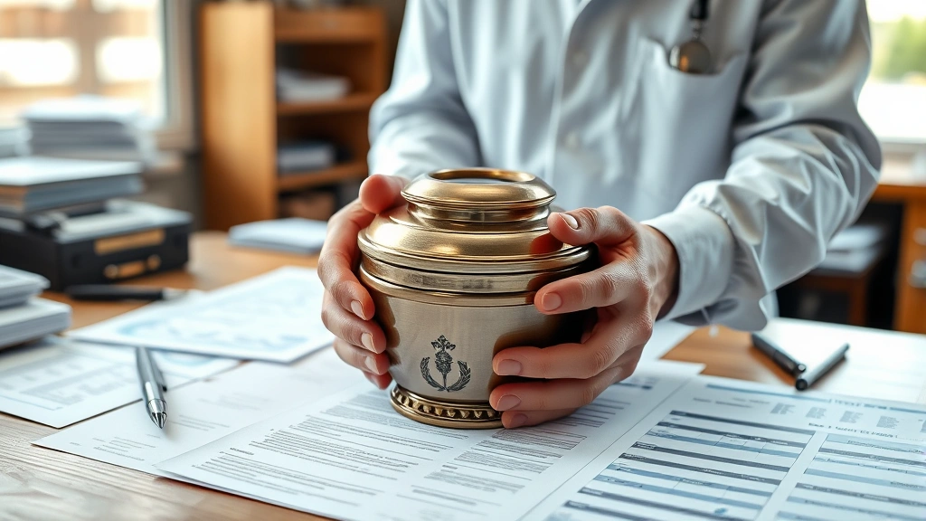 how much does it cost to cremate someone -
photorealistic hands of funeral director holding cremation urn and paperwork on