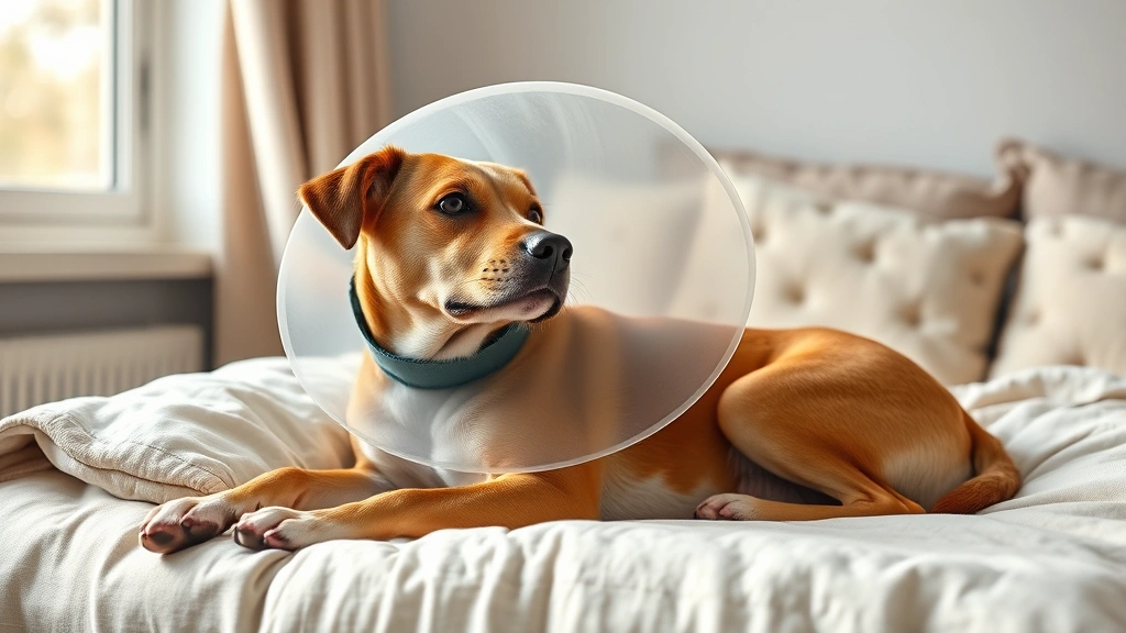 how much does it cost to get a dog neutered -
photorealistic dog in recovery cone (Elizabethan collar) resting on comfortable