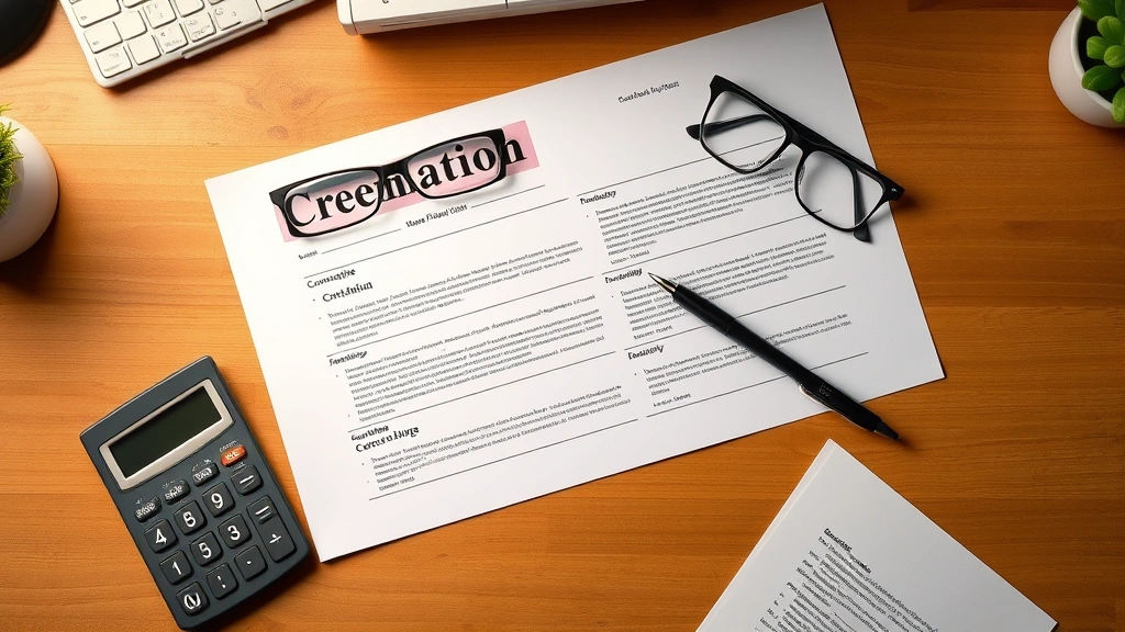 how much does it cost to get cremated -
Photorealistic overhead shot of a desk with cremation planning documents, a cal