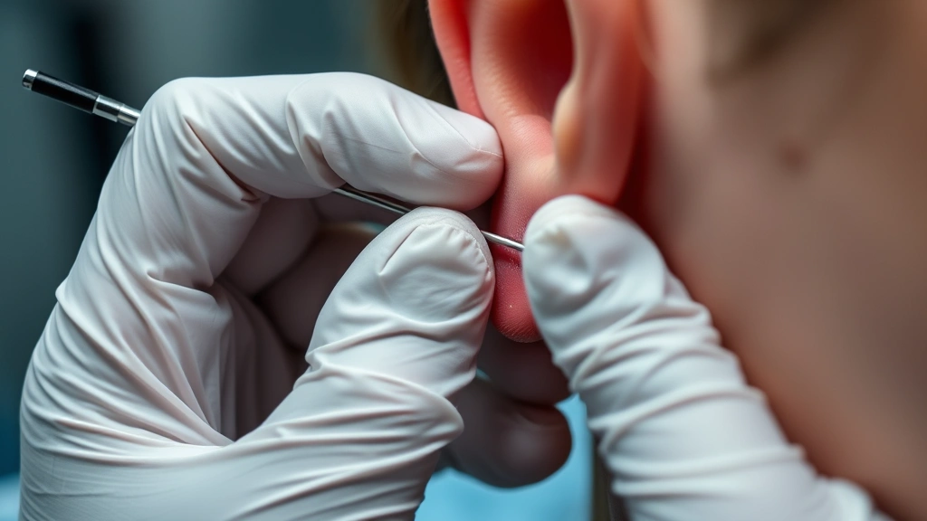 how much does it cost to get your ears pierced -
piercer’s hands with sterile needle approaching earlobe
