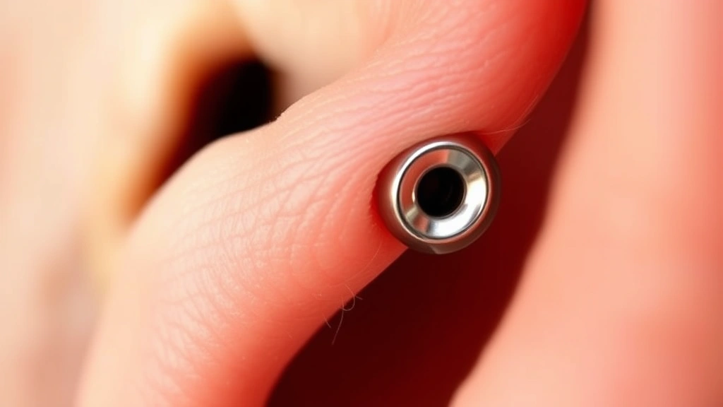 how much does it cost to get your ears pierced -
Photorealistic close-up macro photography of fresh ear piercing with titanium s