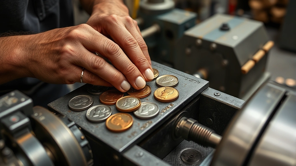how much does it cost to make a penny -
photorealistic hands of a worker at the U.S. Mint operating coin pressing machi