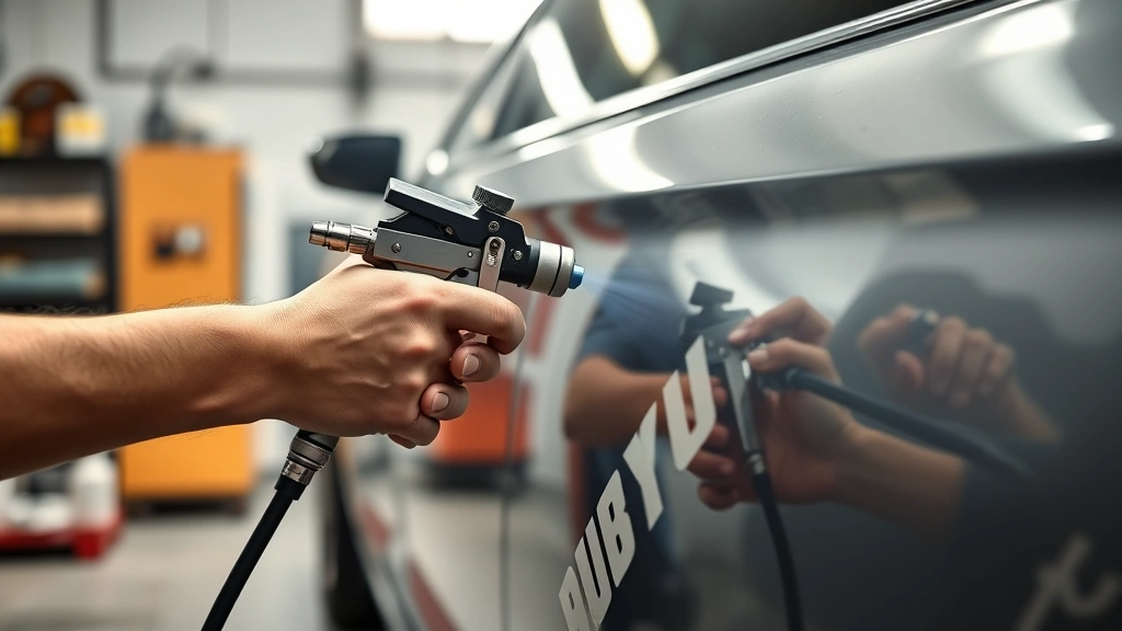 how much does it cost to paint a car -
Photorealistic hands of professional painter using spray gun on car panel, work