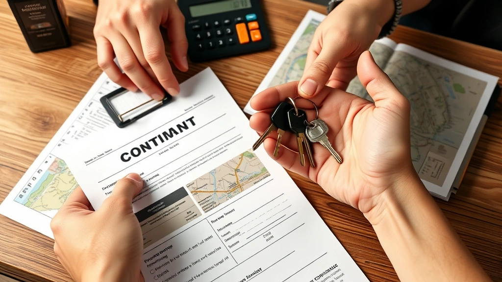 how much does it cost to rent an rv -
Photorealistic hands holding RV rental contract and keys on wooden table with c