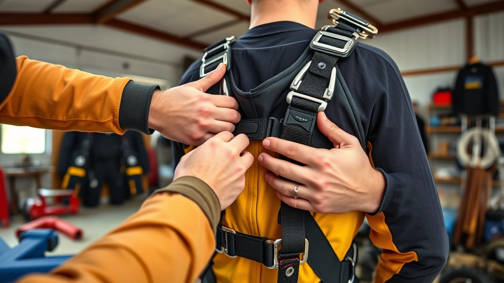how much does it cost to skydive -
photorealistic hands of experienced skydiving instructor securing harness strap