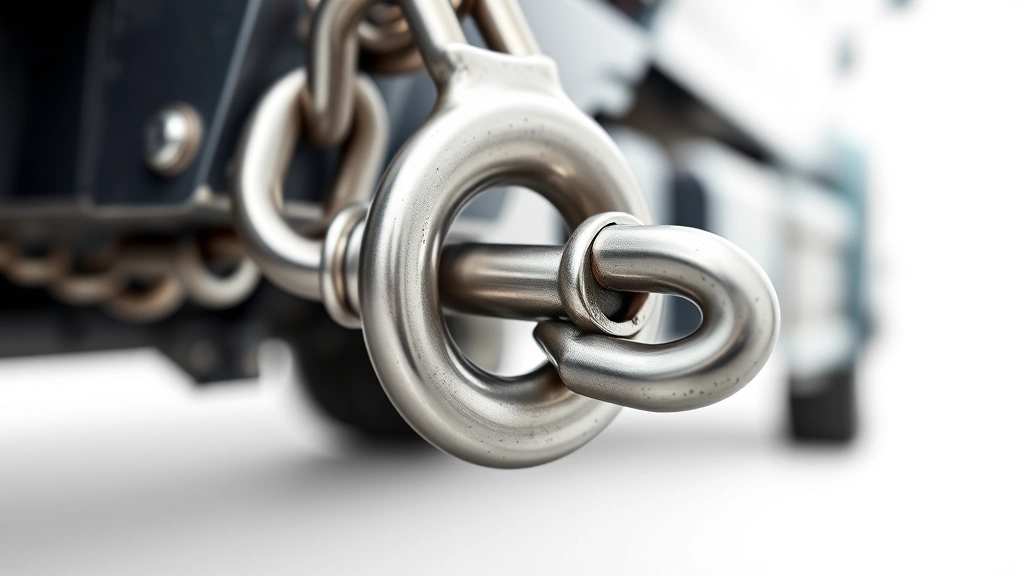 how much does it cost to tow a car -
Photorealistic close-up of tow truck hook and safety chain connection point, ma
