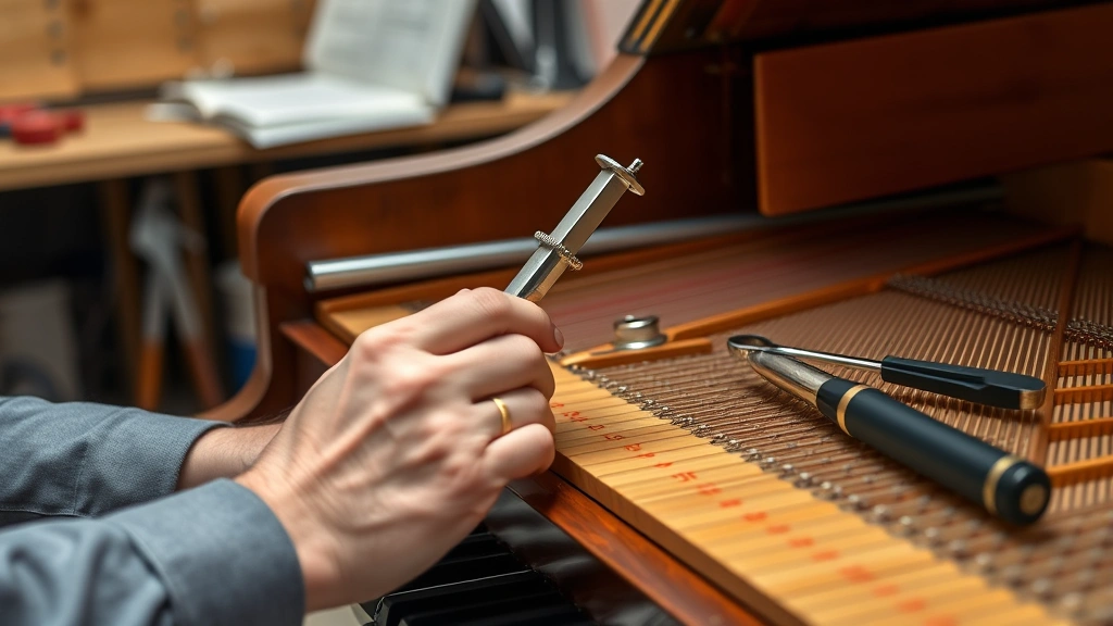how much does it cost to tune a piano -
photorealistic hands of piano technician using tuning lever and mute kit on pia