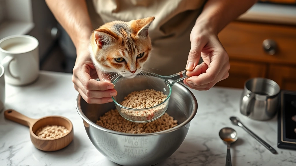 how much dry food to feed a cat -
photorealistic hands measuring cat dry food with measuring cup into metal bowl,