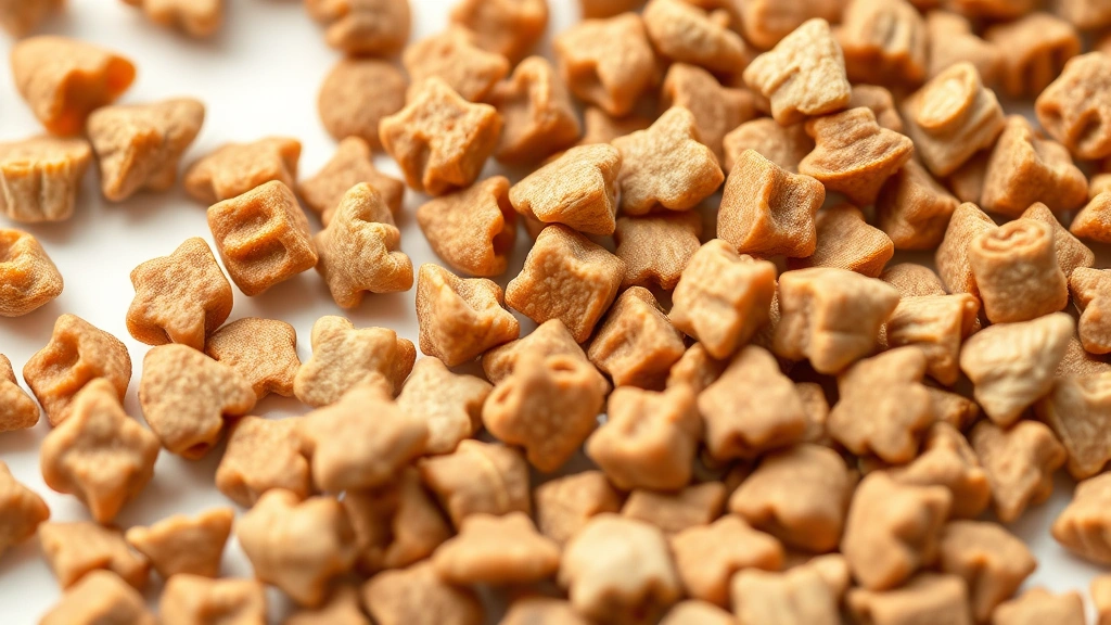how much dry food to feed a cat -
photorealistic close-up macro photography of dry cat kibble texture, sharp focu