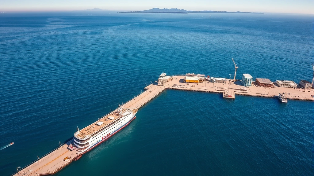 how much from long beach to catalina island -
Photorealistic overhead view of Long Beach waterfront with ferry terminal, Cata