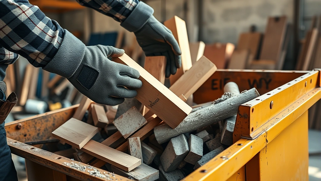 how much is it to rent a dumpster -
Photorealistic hands of a worker in work gloves loading construction debris int