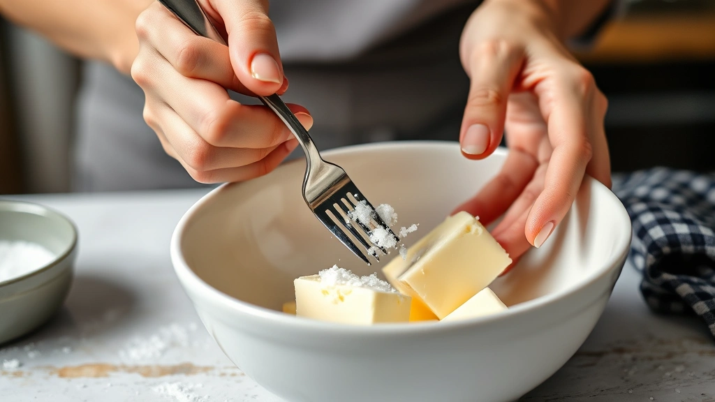 how much salt to add to unsalted butter -
photorealistic hands using a fork to mix salt into softened butter in a white c