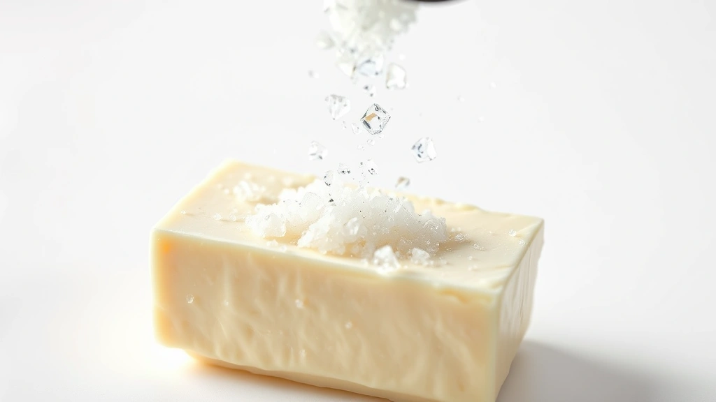 how much salt to add to unsalted butter -
photorealistic close-up macro photography of kosher salt crystals being distrib