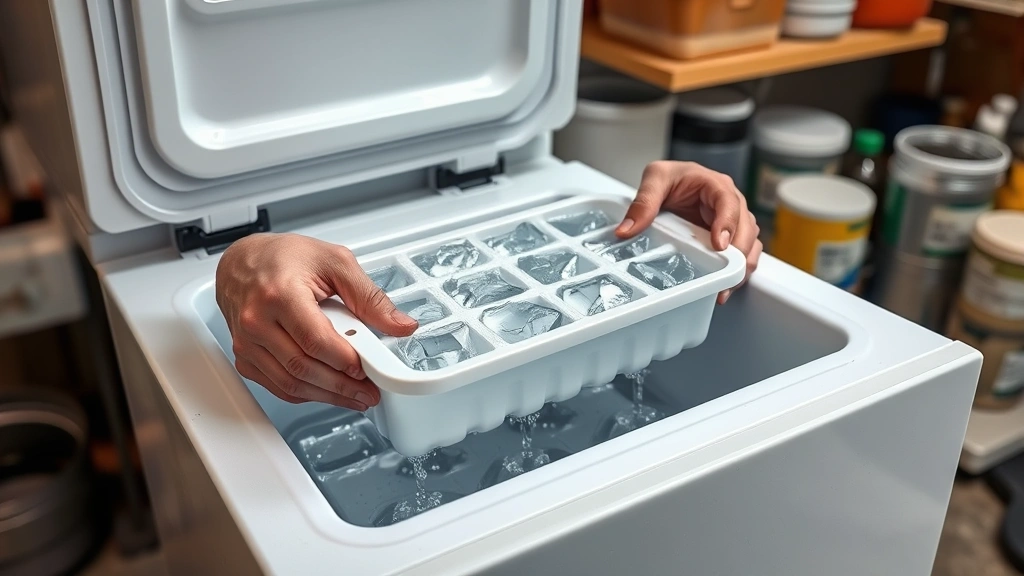 how much time does it take for water to freeze -
photorealistic hands placing water-filled ice cube tray into open freezer, work