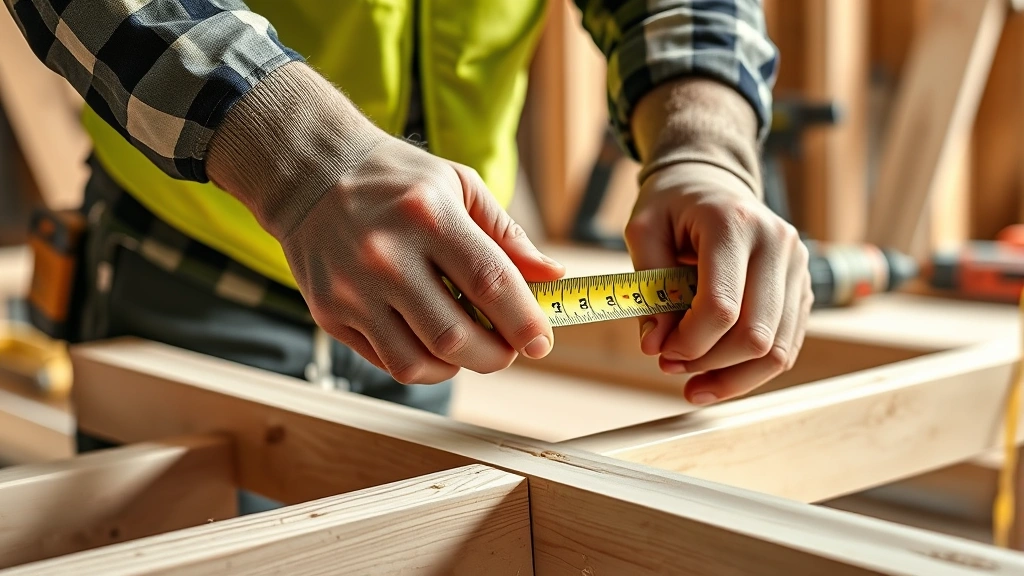 how much to build a house -
Photorealistic hands of construction worker measuring wooden wall framing with