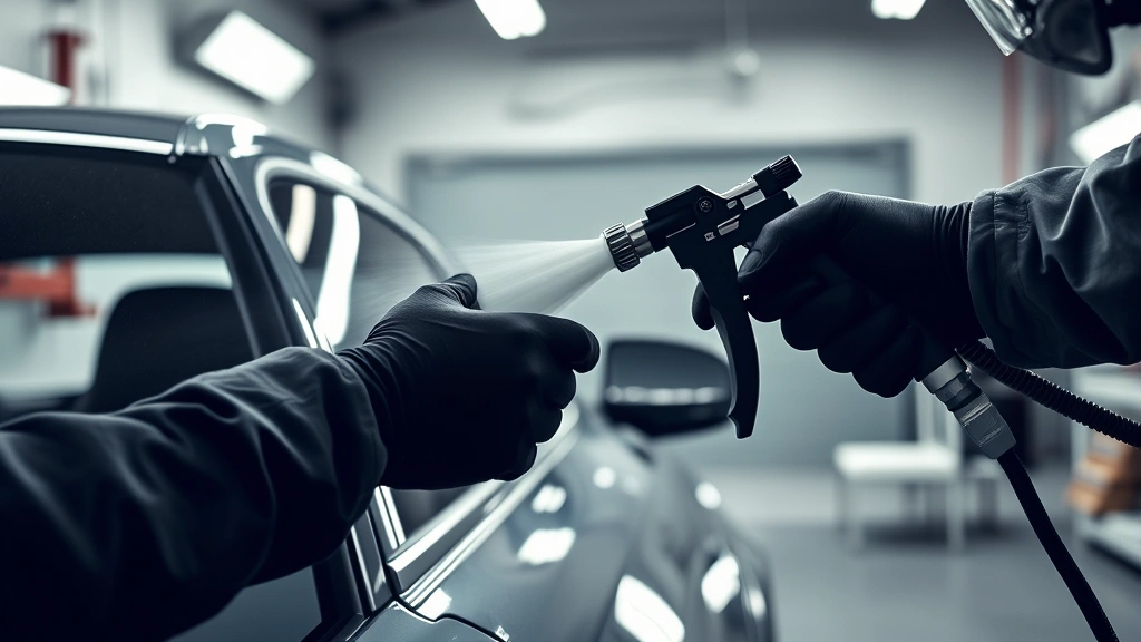 how much to paint a car -
photorealistic hands spraying car with HVLP spray gun, professional workshop se