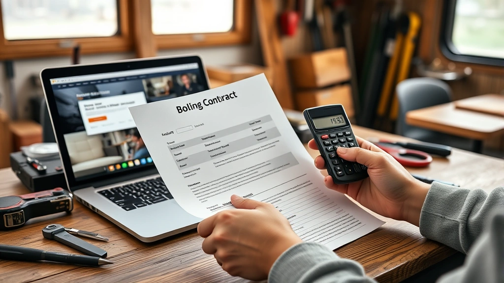 how much to rent an rv -
Photorealistic hands holding RV rental contract and calculator on wooden table