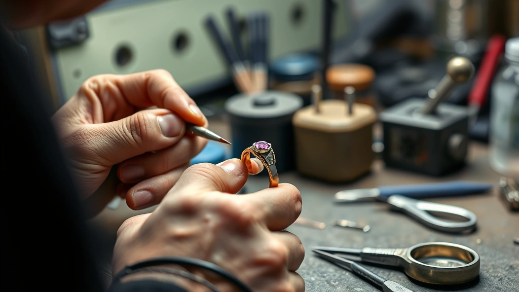 how much to resize a ring -
Photorealistic hands of a jeweler using specialized tools to resize a ring, wor