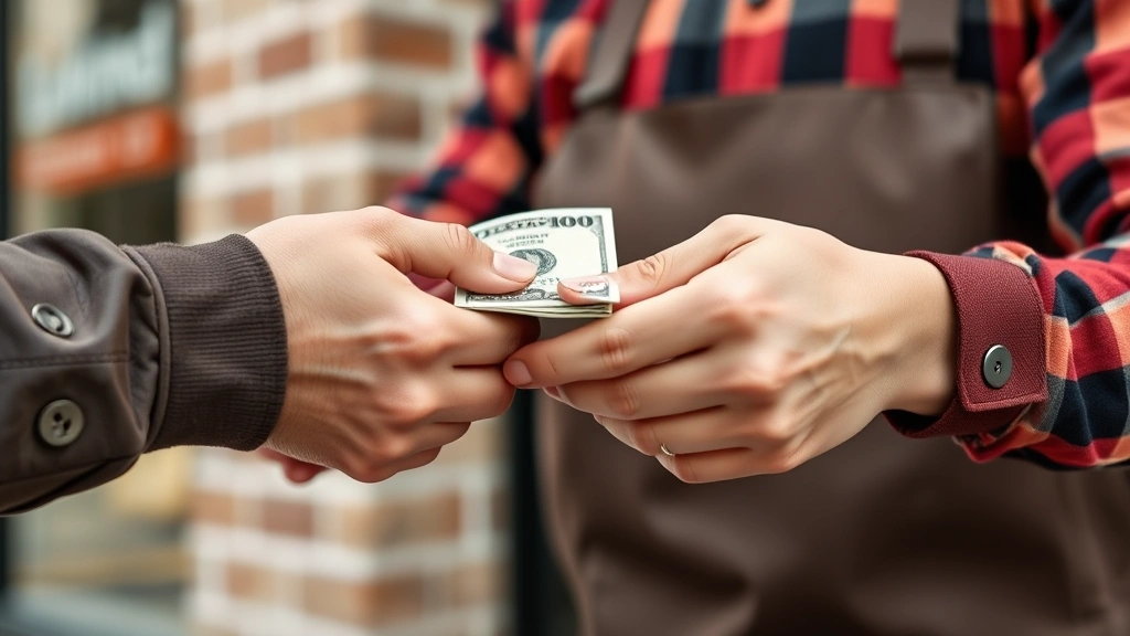 how much to tip pizza delivery -
Photorealistic close-up of hands exchanging cash tip with a pizza delivery driv