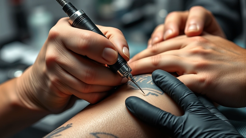 how much to tip tattoo artist -
Photorealistic close-up of tattoo artist’s hands working with tattoo gun 