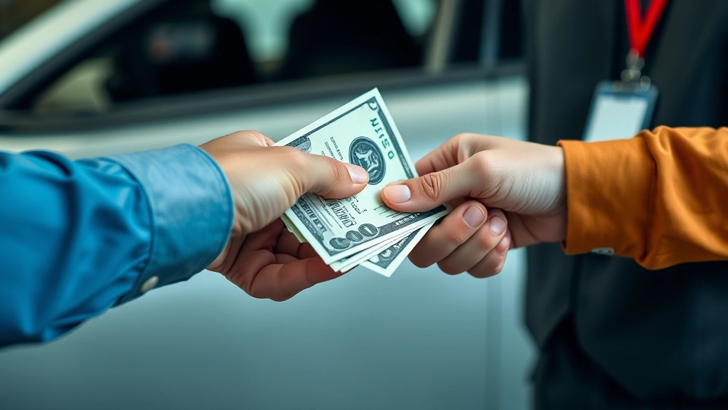 how much to tip valet parking -
Photorealistic close-up of hands exchanging cash tip money between customer and