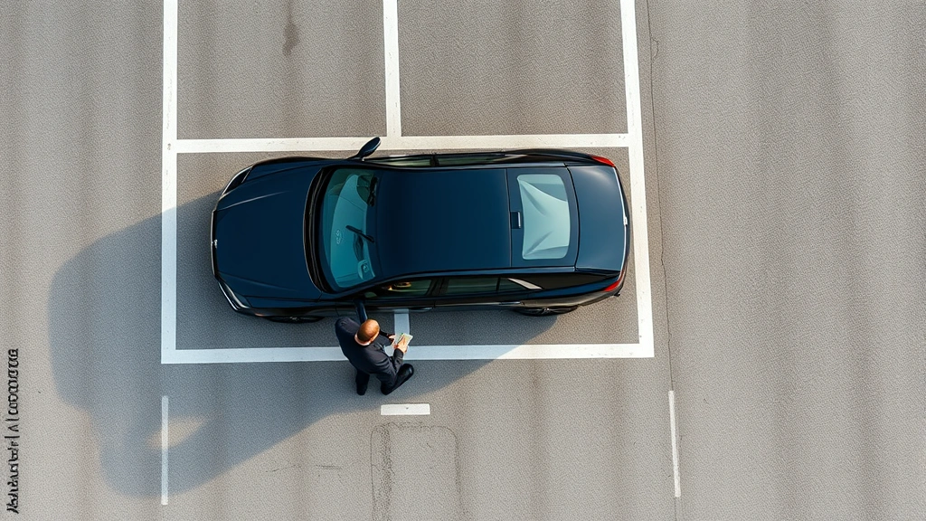 how much to tip valet parking -
Photorealistic overhead view of a luxury car being carefully parked in a valet 